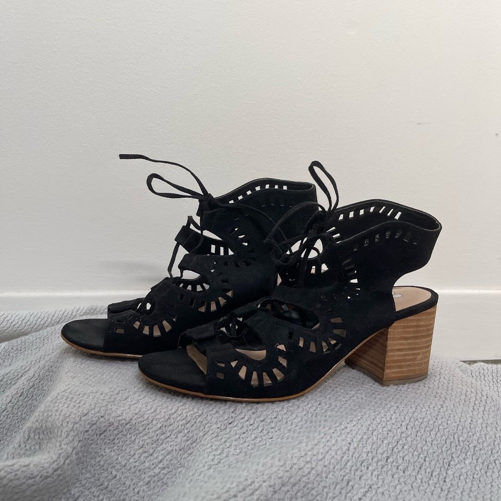 BP Women's Black Suede Open Toe Tie Stacked Heel Sandals Size 7.5